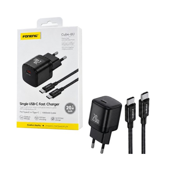 Carregador Foneng Cube-EU PD20W GAN com cabo Tipo-C para Tipo-C Preto
